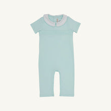 Load image into Gallery viewer, Samuel Smocked Romper - Sea Island Seafoam w/ Worth Ave White - Short Sleeve
