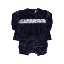 Load image into Gallery viewer, Bon Air Bloomer Set - Smocked - Nantucket Navy w/ Worth Ave White - Velour
