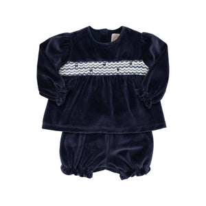 Bon Air Bloomer Set - Smocked - Nantucket Navy w/ Worth Ave White - Velour