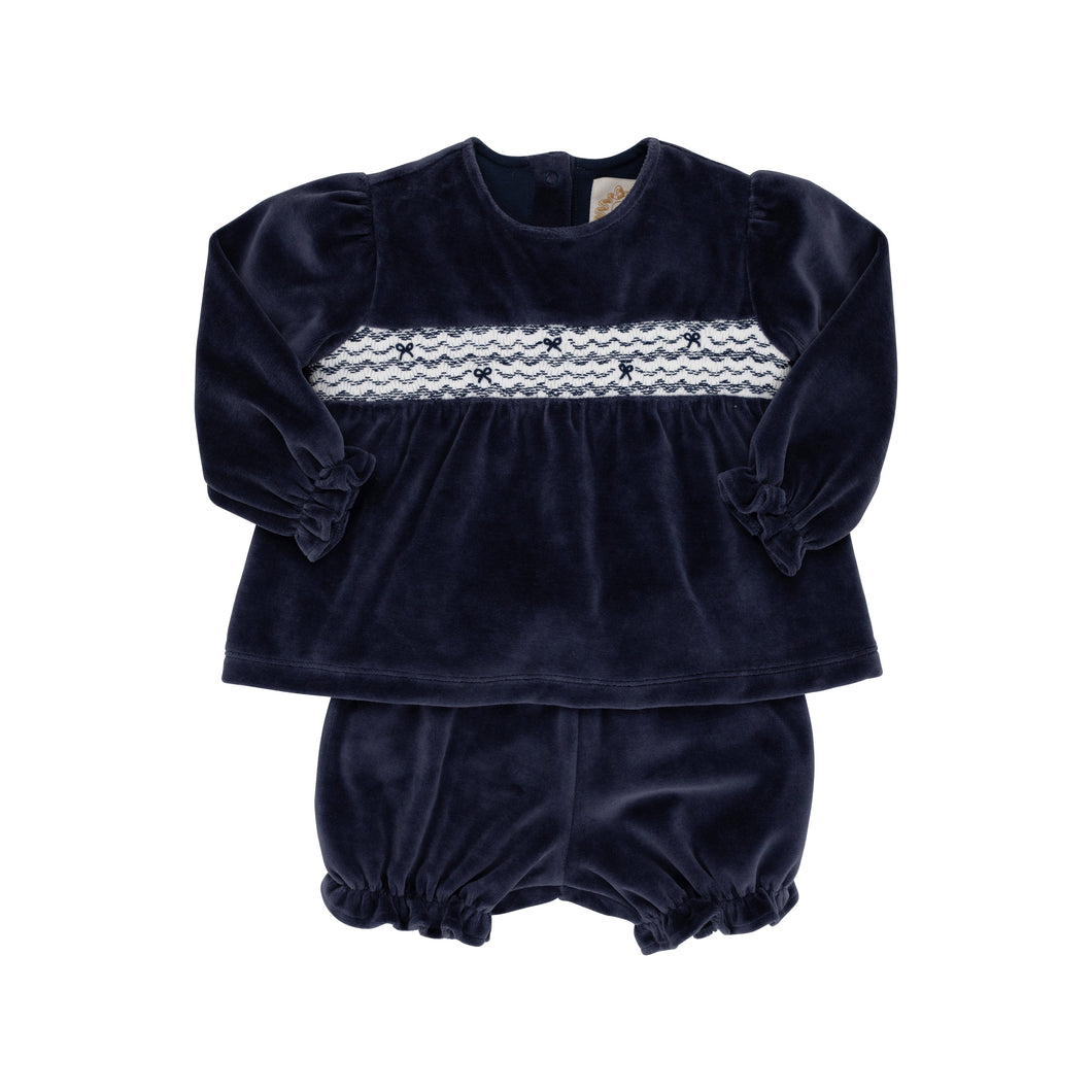Bon Air Bloomer Set - Smocked - Nantucket Navy w/ Worth Ave White - Velour