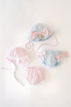 Load image into Gallery viewer, Bow Bottom Bloomer - Breakers Blue Seersucker w/ Palm Beach Pink
