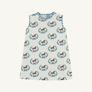 Annie Apron Dress - Highland Horses w/ Barnsley Blue Gingham