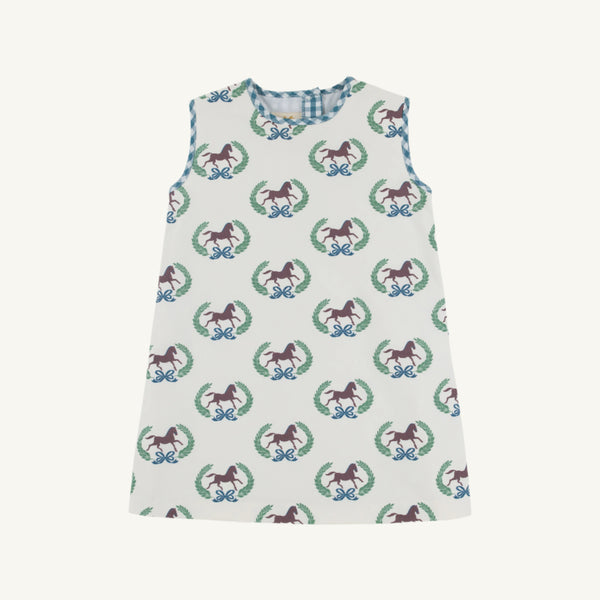 Annie Apron Dress - Highland Horses w/ Barnsley Blue Gingham