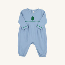 Load image into Gallery viewer, Bradford Romper - Barrington Blue w/ Kelly Green - Christmas Tree Embroidery - Long Sleeve
