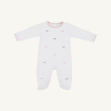 Load image into Gallery viewer, Rock Me Romper - Worth Ave White w/ Pink and Purple Bows Embroidery
