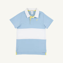 Load image into Gallery viewer, Short Sleeve Rollins Rugby Shirt - Beale Street Blue w/ White &amp; Lake Worth Yellow
