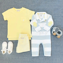 Load image into Gallery viewer, Sir Proper&#39;s Rugby Romper - Buckhead Blue Rugby Stripe w/ Bellport Butter Yellow
