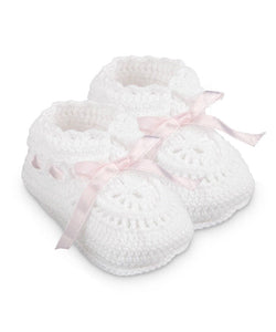 Jefferies Hand Crocheted Ribbon Booties - White, Blue, and Pink