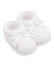Load image into Gallery viewer, Jefferies Hand Crocheted Ribbon Booties - White, Blue, and Pink
