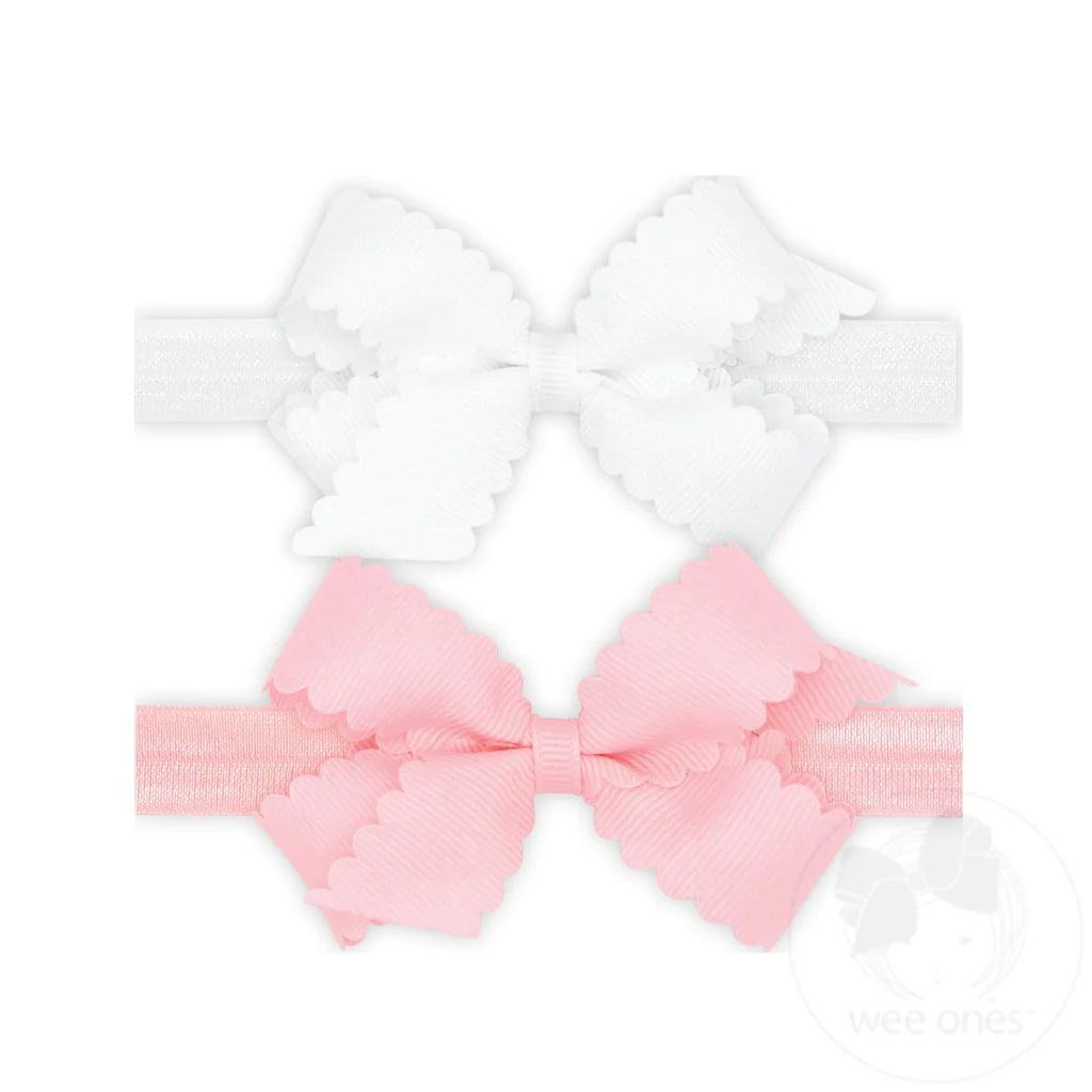Wee Ones Bows - Scalloped Mini Bows - Set of Two - White & Palm Beach Pink
