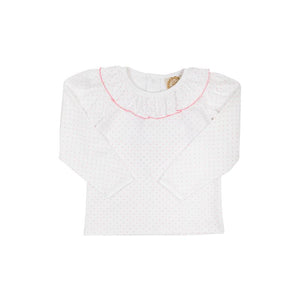 Ramona Ruffle Collar Shirt - White w/ Hamptons Hot Pink Microdot - Long Sleeve - Pima
