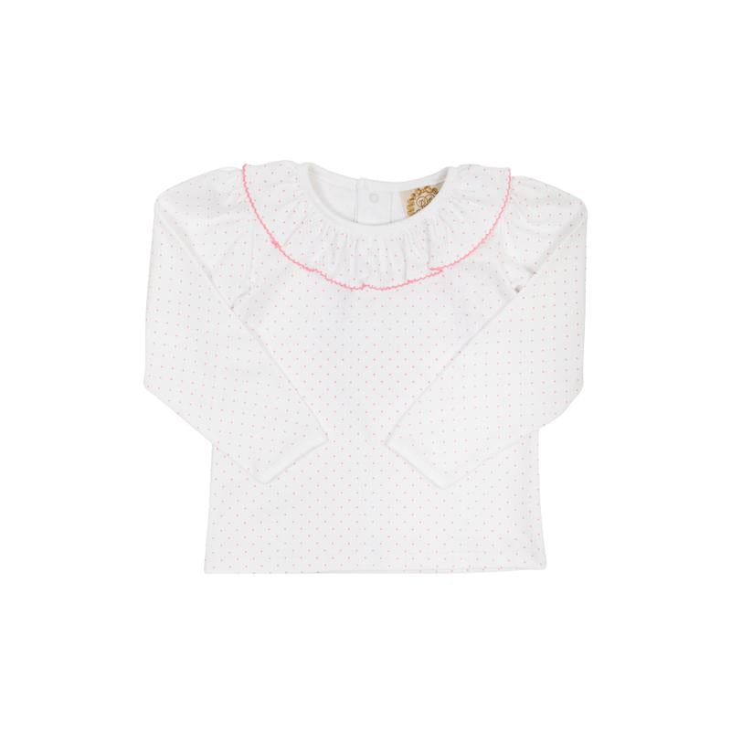 Ramona Ruffle Collar Shirt - White w/ Hamptons Hot Pink Microdot - Long Sleeve - Pima