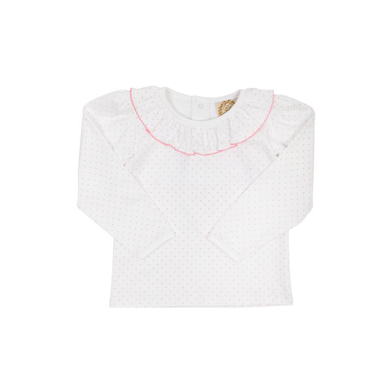 Ramona Ruffle Collar Shirt - White w/ Hamptons Hot Pink Microdot - Long  Sleeve - Pima