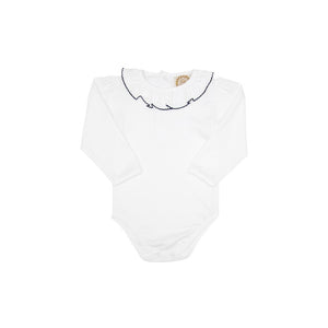 Ramona Ruffle Collar Shirt - White w/ Navy Trim - Long Sleeve