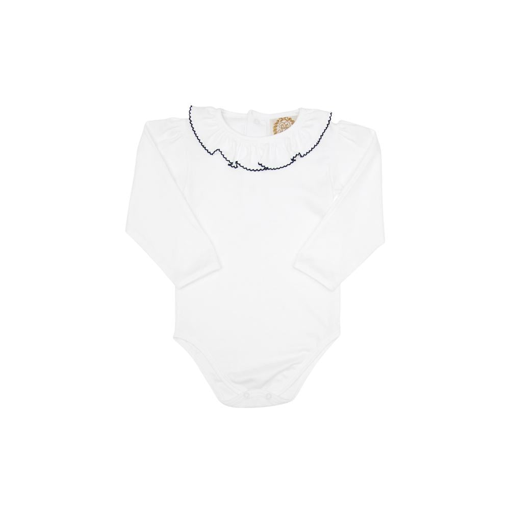 Ramona Ruffle Collar Shirt - White w/ Navy Trim - Long Sleeve