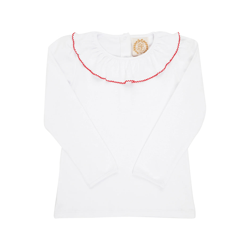 Ramona Ruffle Collar Shirt - White w/ Richmond Red Trim - Long Sleeve