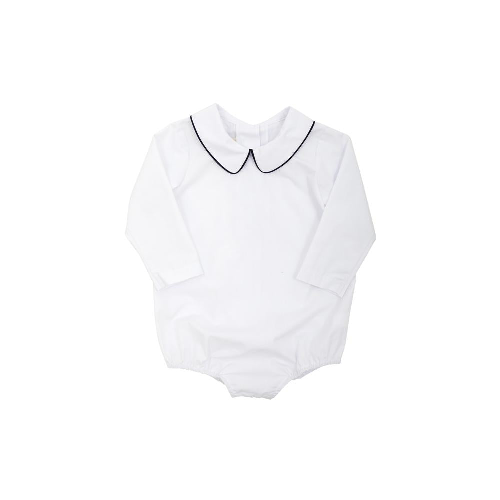 Peter Pan Collar Shirt - White w/ Navy - Long Sleeve - Woven