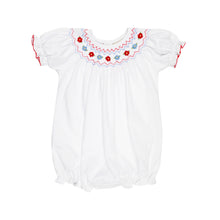 Load image into Gallery viewer, Sandy Smocked Bubble - Worth Ave White w/ Red Zig Zag &amp; Flowers - Short Sleeve - Pima
